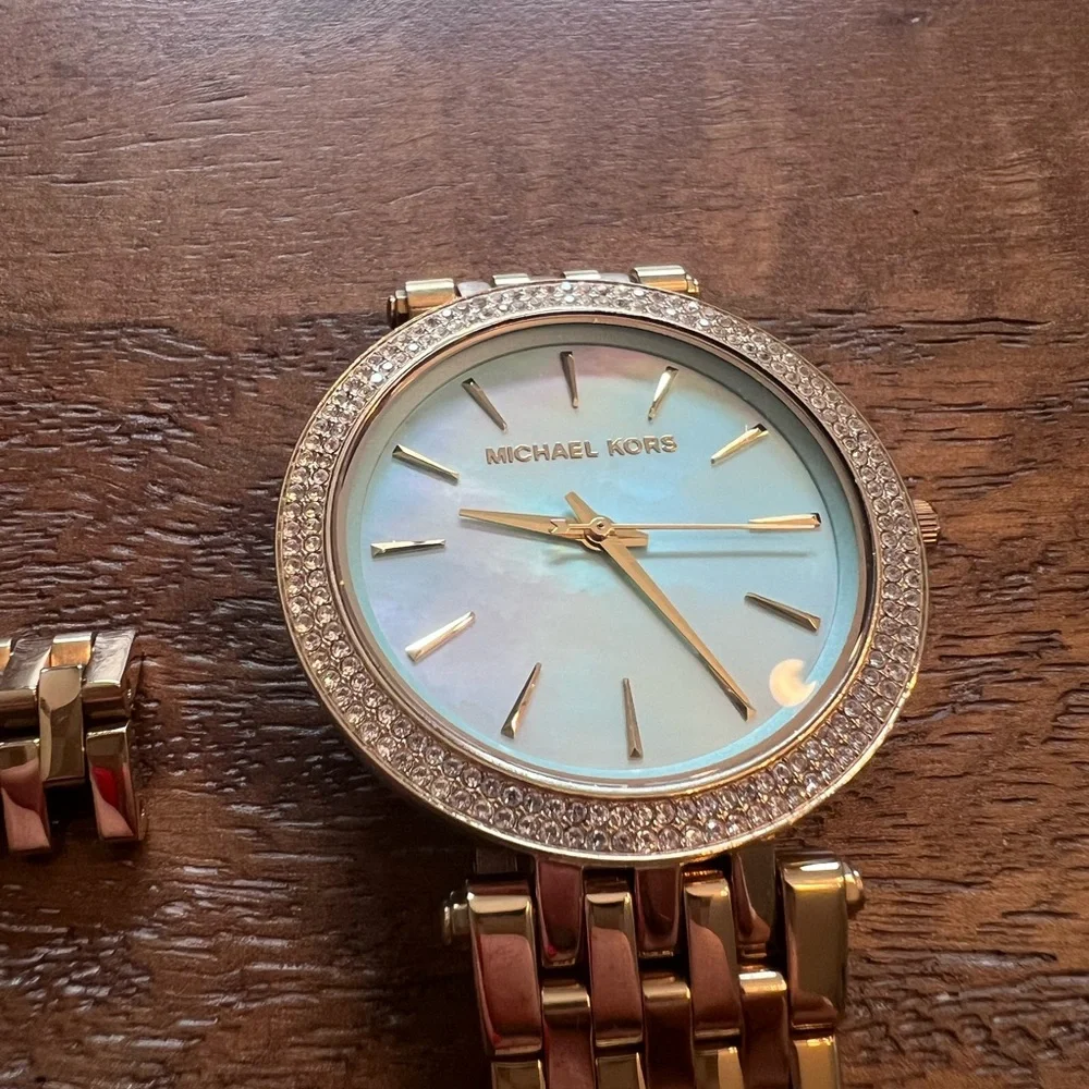 Michael Kors Gold-Tone Crystal Bezel Watch with Mother-of-Pearl Dial